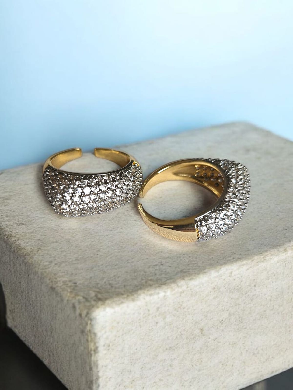 Slowshe-14K Altın Kaplama Zirkon Taşlı Asimetrik  2’li Yüzük