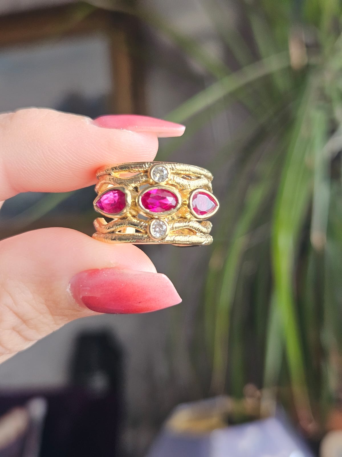 Slowshe-14K Altın Kaplama Yakut Taşlı yüzük