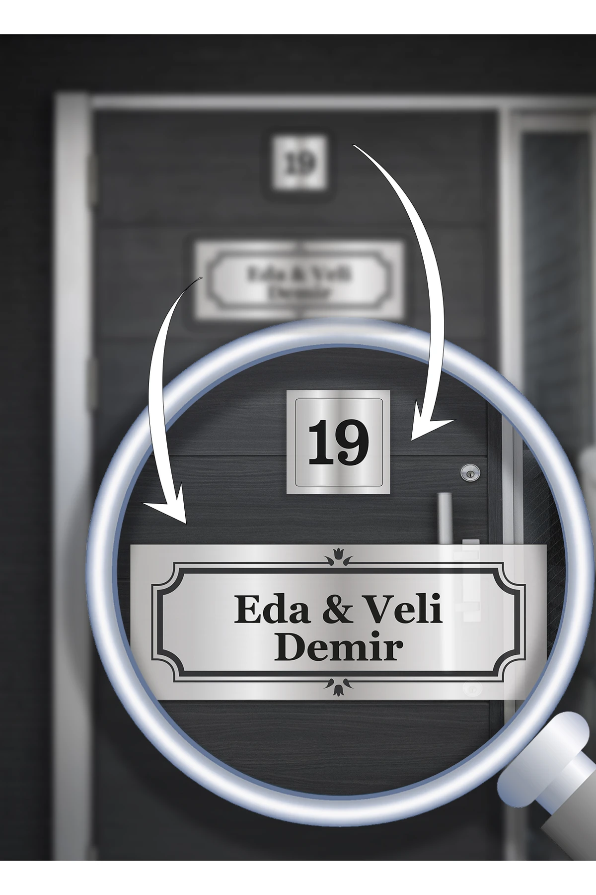 Kişiye Özel Gümüş Renk Kapı İsimliği 15x5 cm + 5x5 cm Daire Numarası Süsü