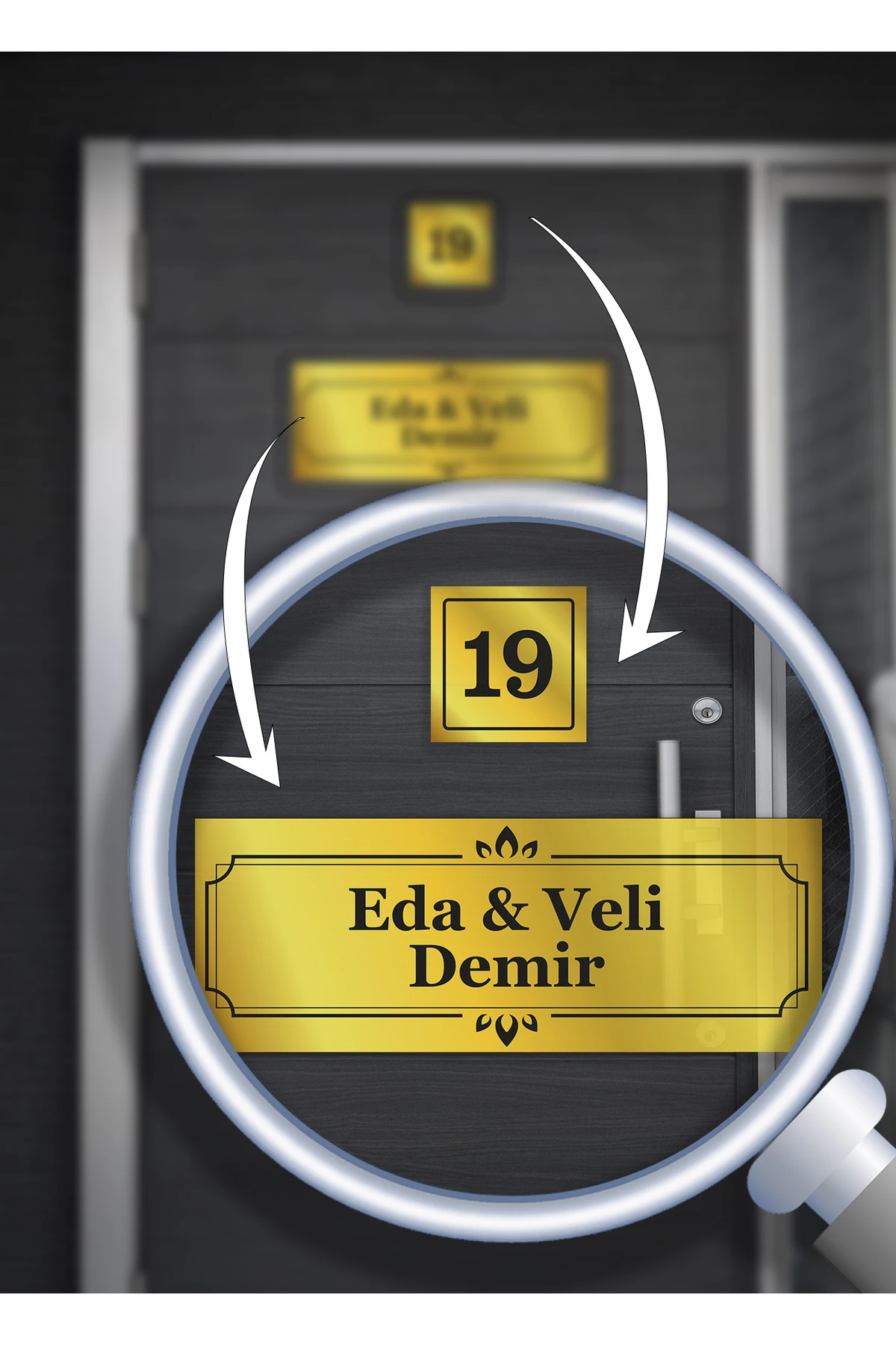 Alüminyum Kapı İsimliği | Kişiye Özel | 15x5 cm İsim + 5x5 cm Numara | Zarif Desenli