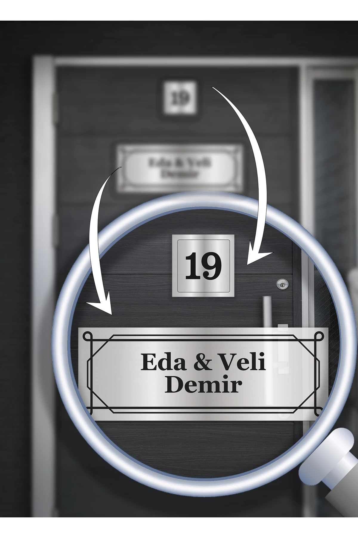 Kişiye Özel Kapı Tabelası | Alüminyum 15x5 cm | Geometrik Çerçeveli Tasarım | İsim + Numara