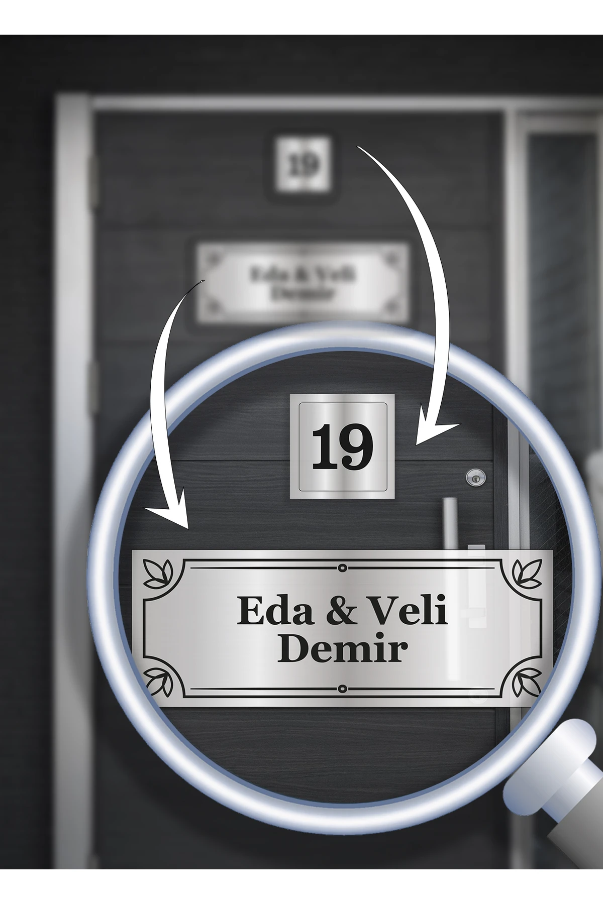 Alüminyum Kapı İsimliği | Kişiye Özel | 15x5 cm İsim + 5x5 cm Numara | Zarif Desenli
