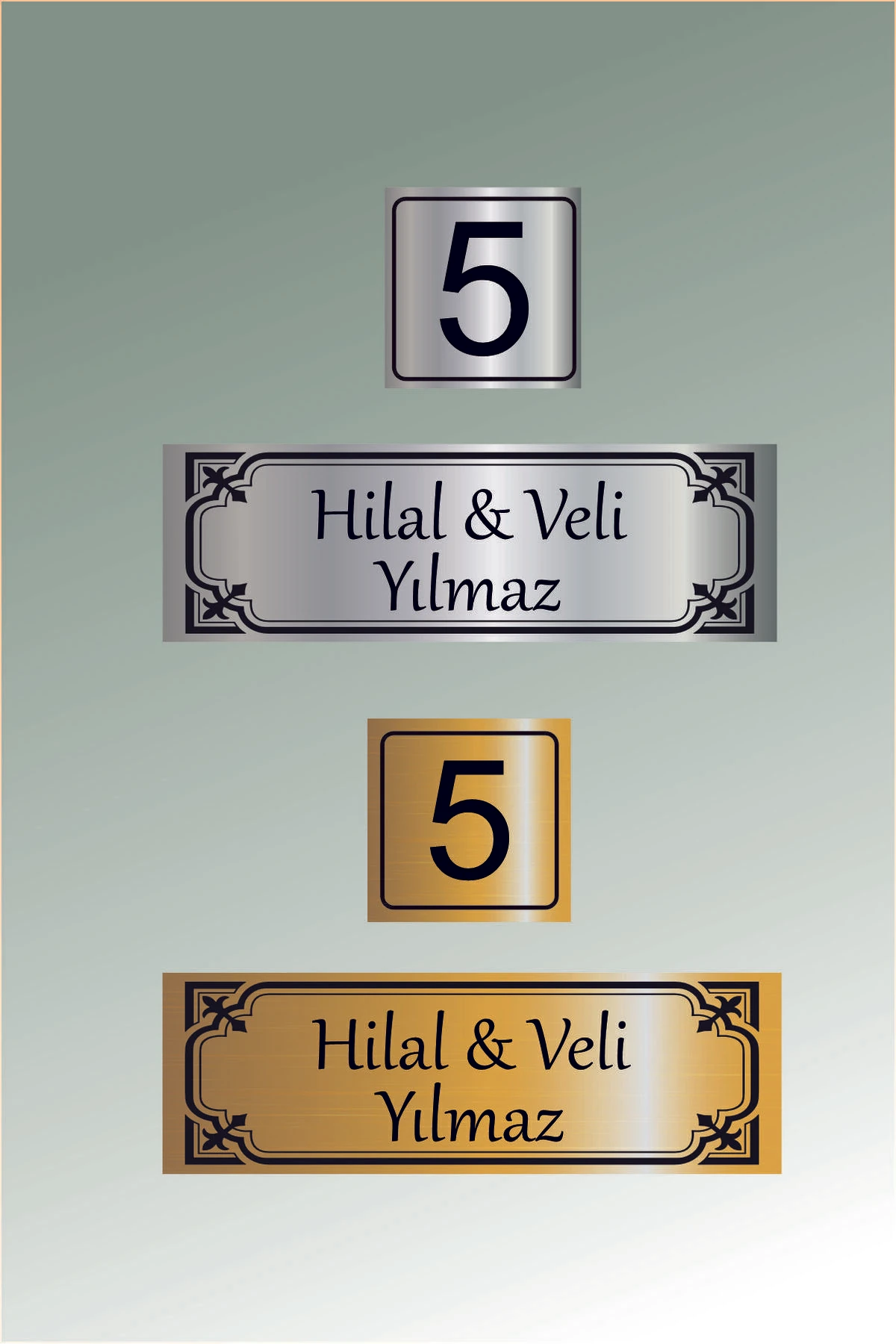 Metal Kapı isimliği ve Numarası - Altın ve Gümüş Renk Seçenekli (15x5 cm & 5x5 cm)