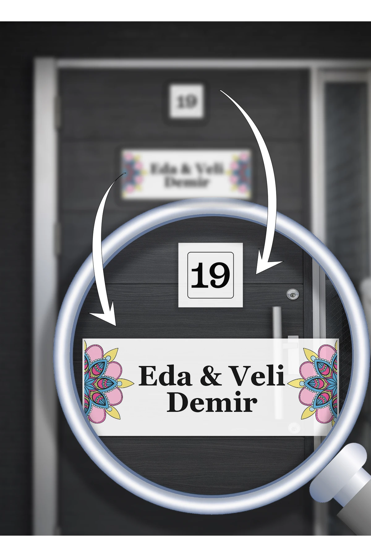 Kişiye Özel Beyaz Metal Kapı İsimliği 15x5 cm + Kapı Numarası 5x5 cm – Desenli, Şık Tasarım