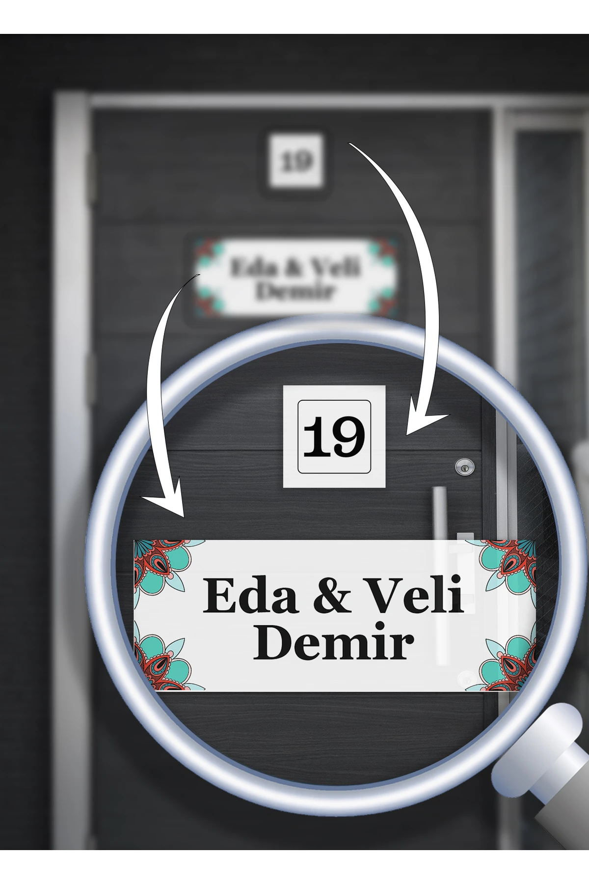 Kişiye Özel Beyaz Metal Kapı İsimliği ve Numarası Seti - Mandala Desenli