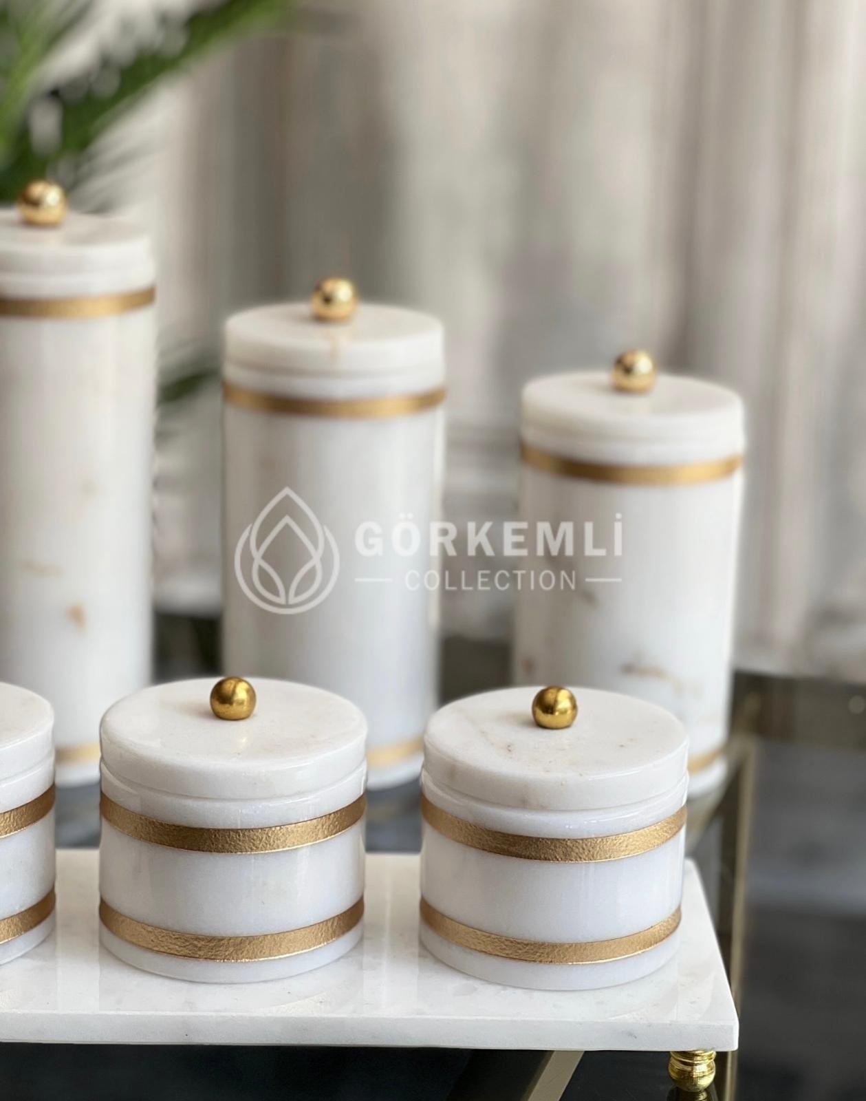 3lü Kavanoz set +3lü Baharat set + Tepsi Beyaz Gold Kumlama 