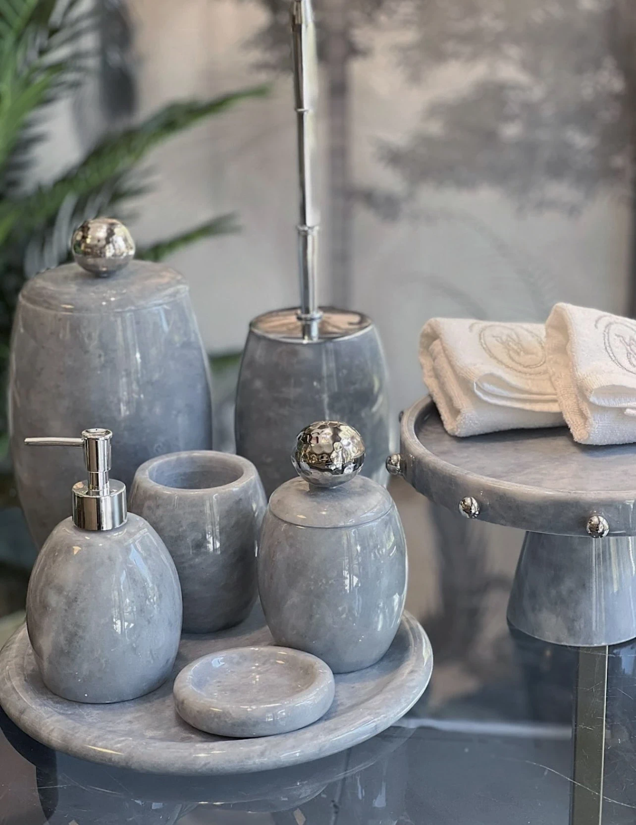 7'li Banyo Seti Oval Gri Gümüş Top