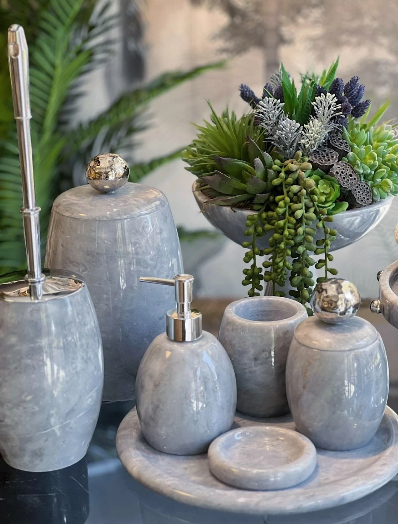 7'li Banyo Seti Oval Gri Gümüş Top