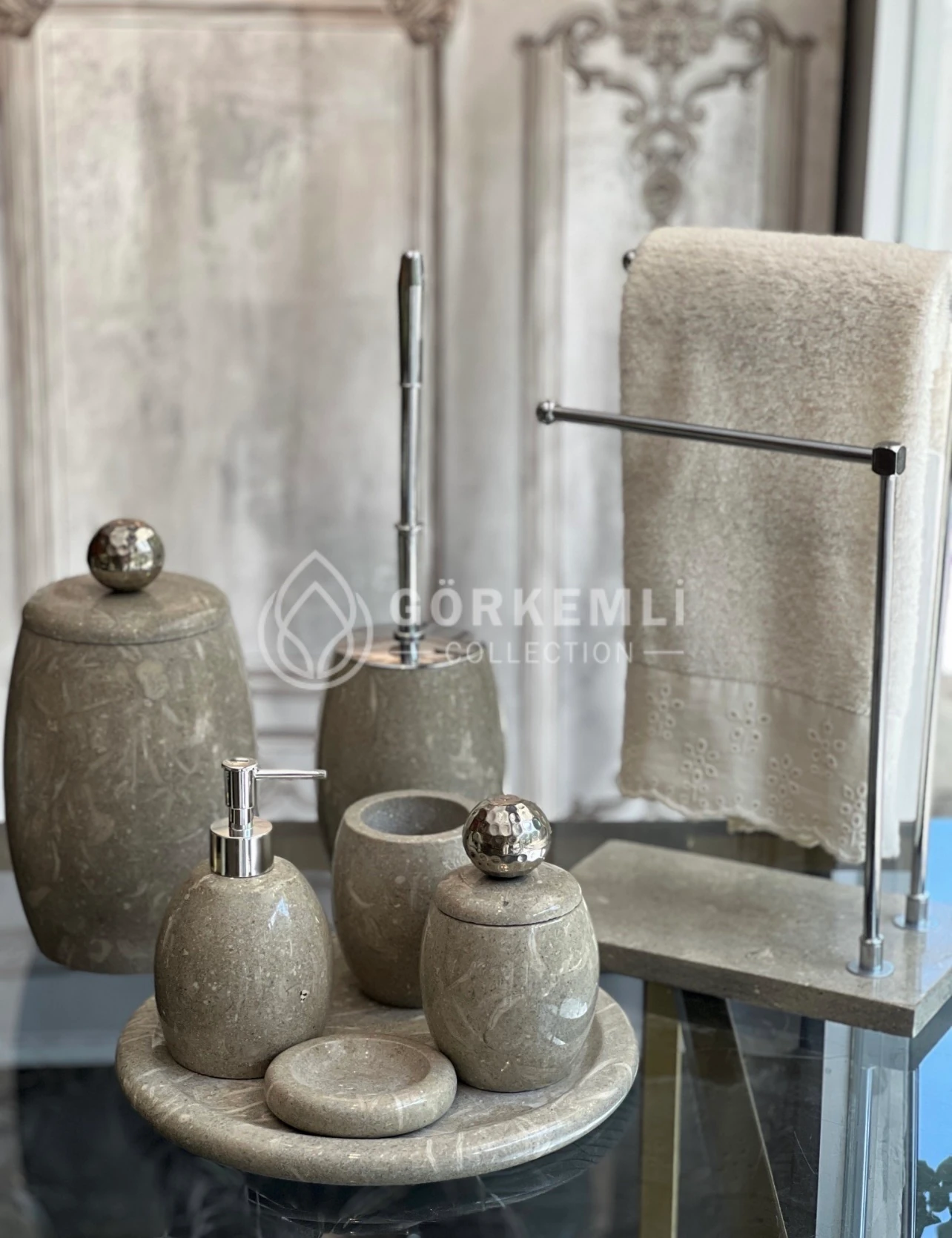 8'li Banyo Seti Rustik Yeşil Gümüş Top