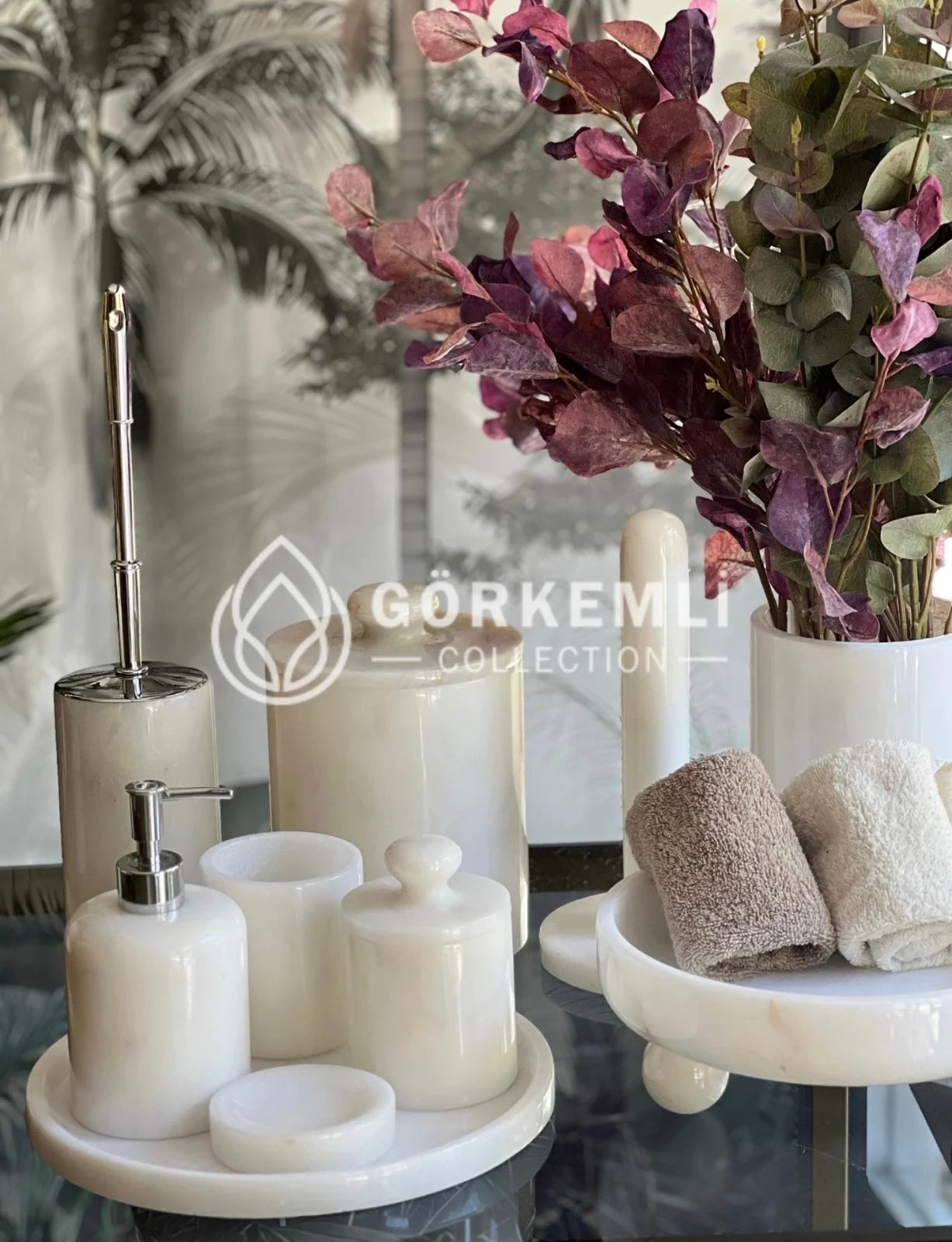 7li Banyo Seti Beyaz Gümüş Mermer Aparat