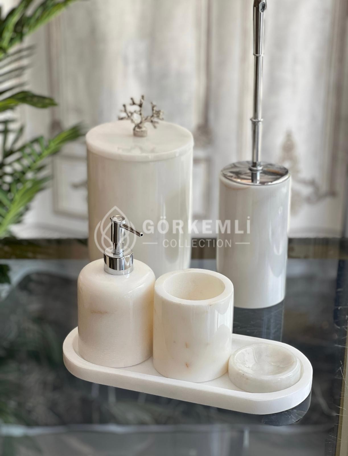 5li Banyo Set Gümüş Beyaz Oval Tepsili 