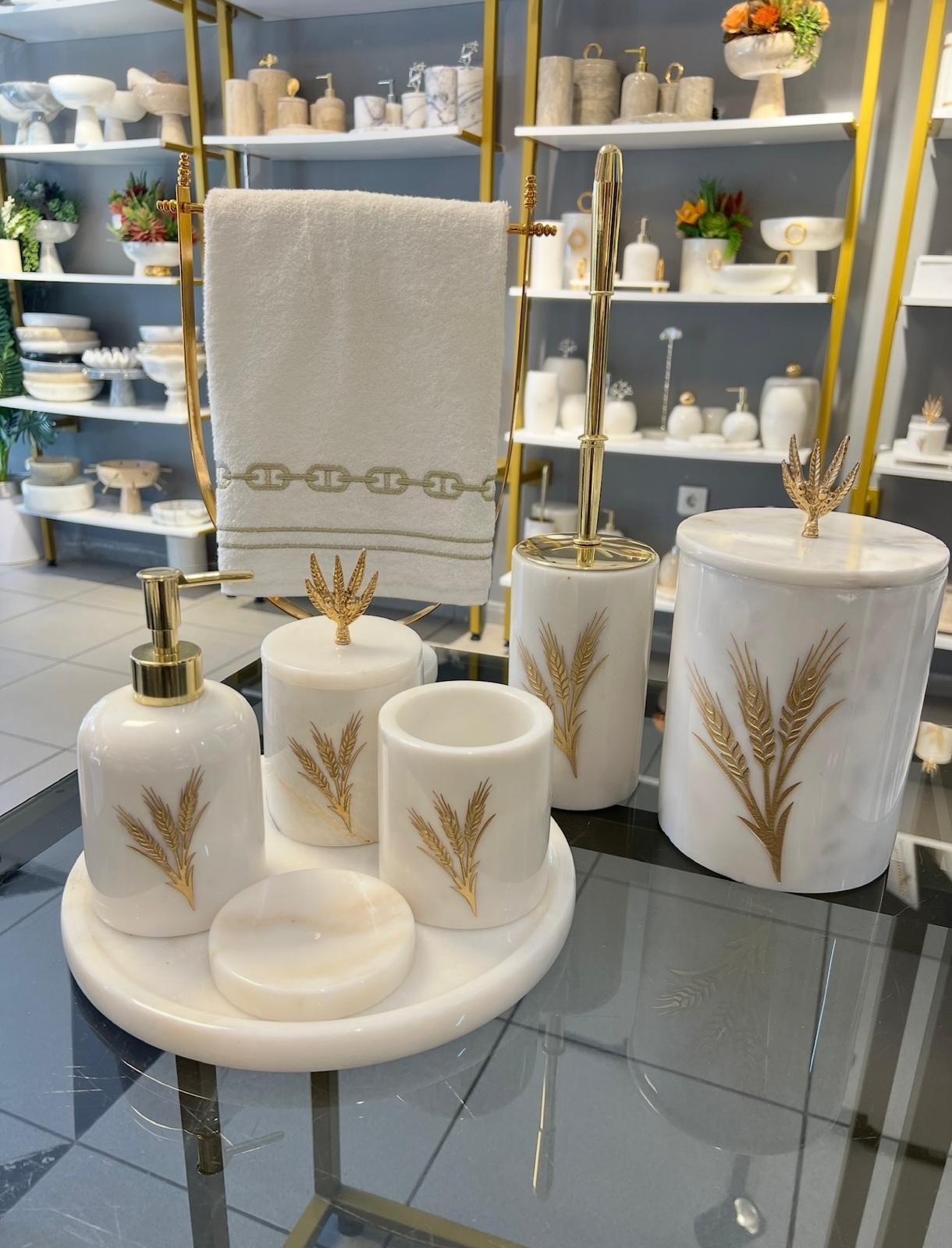 Banyo Set 7li Beyaz Gold Başak Kumlama