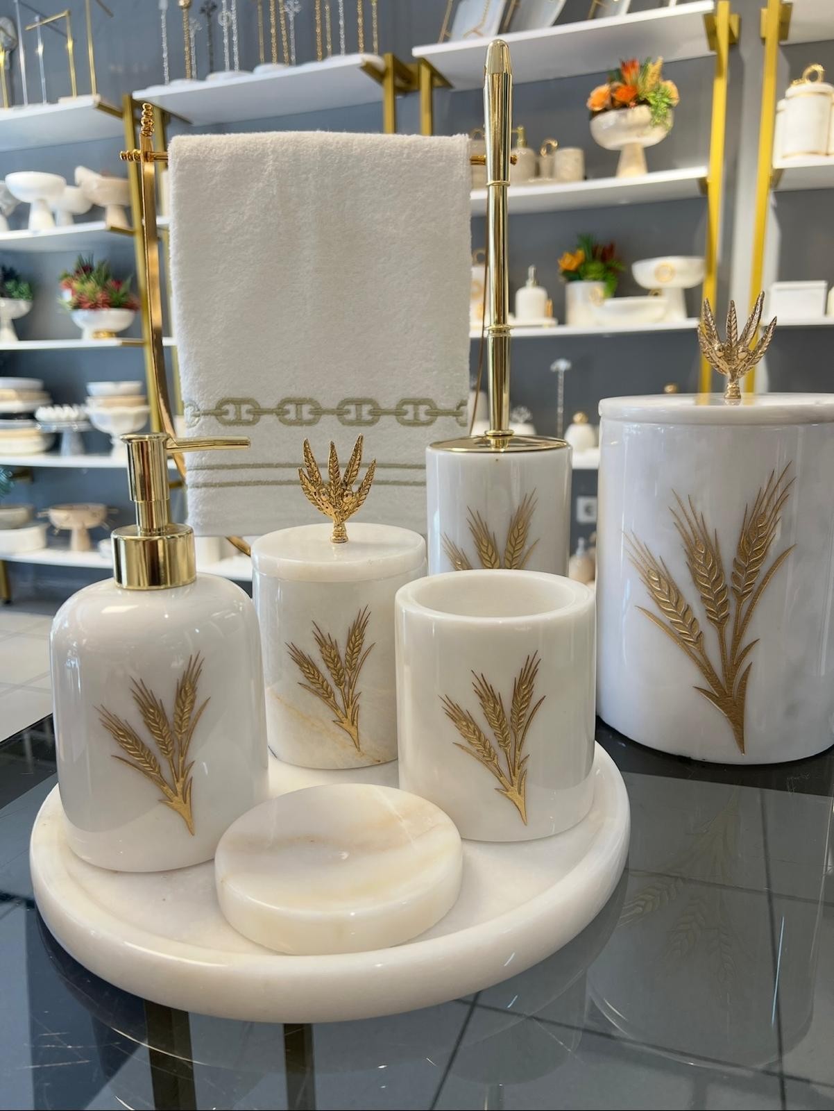 Banyo Set 7li Beyaz Gold Başak Kumlama - Beyaz Gold