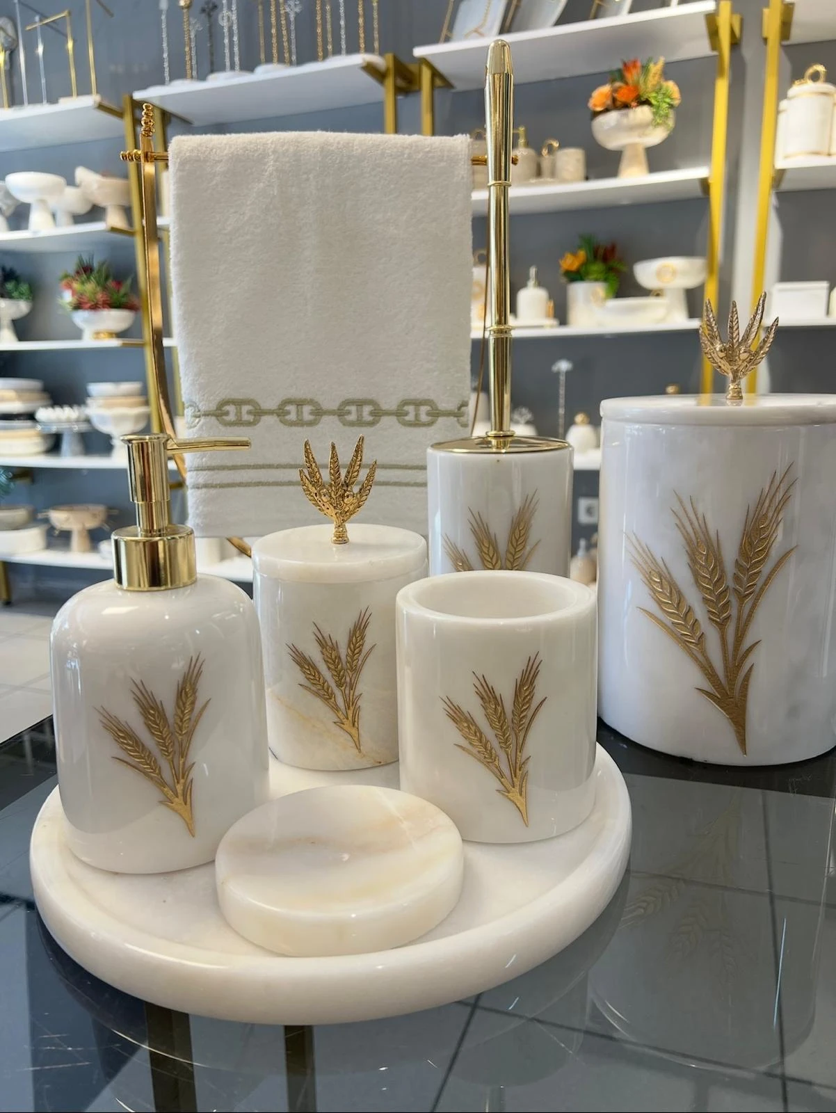 Banyo Set 7li Beyaz Gold Başak Kumlama
