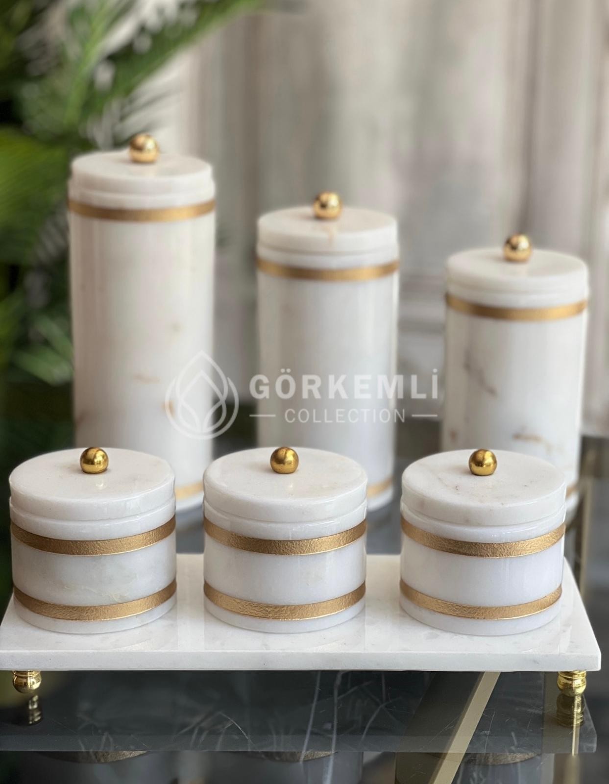 3lü Kavanoz set +3lü Baharat set + Tepsi Beyaz Gold Kumlama 