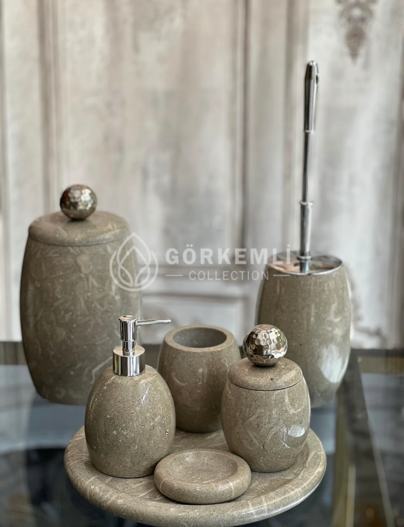 7'li Banyo Set Rustik Yeşil Gümüş Top