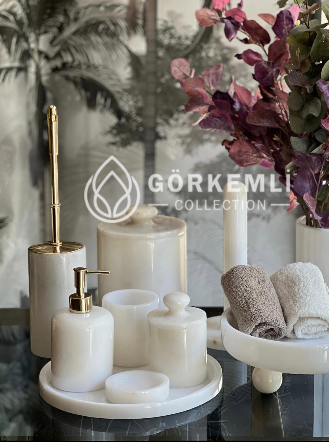 7li Banyo Seti Beyaz Gold Mermer Aparat