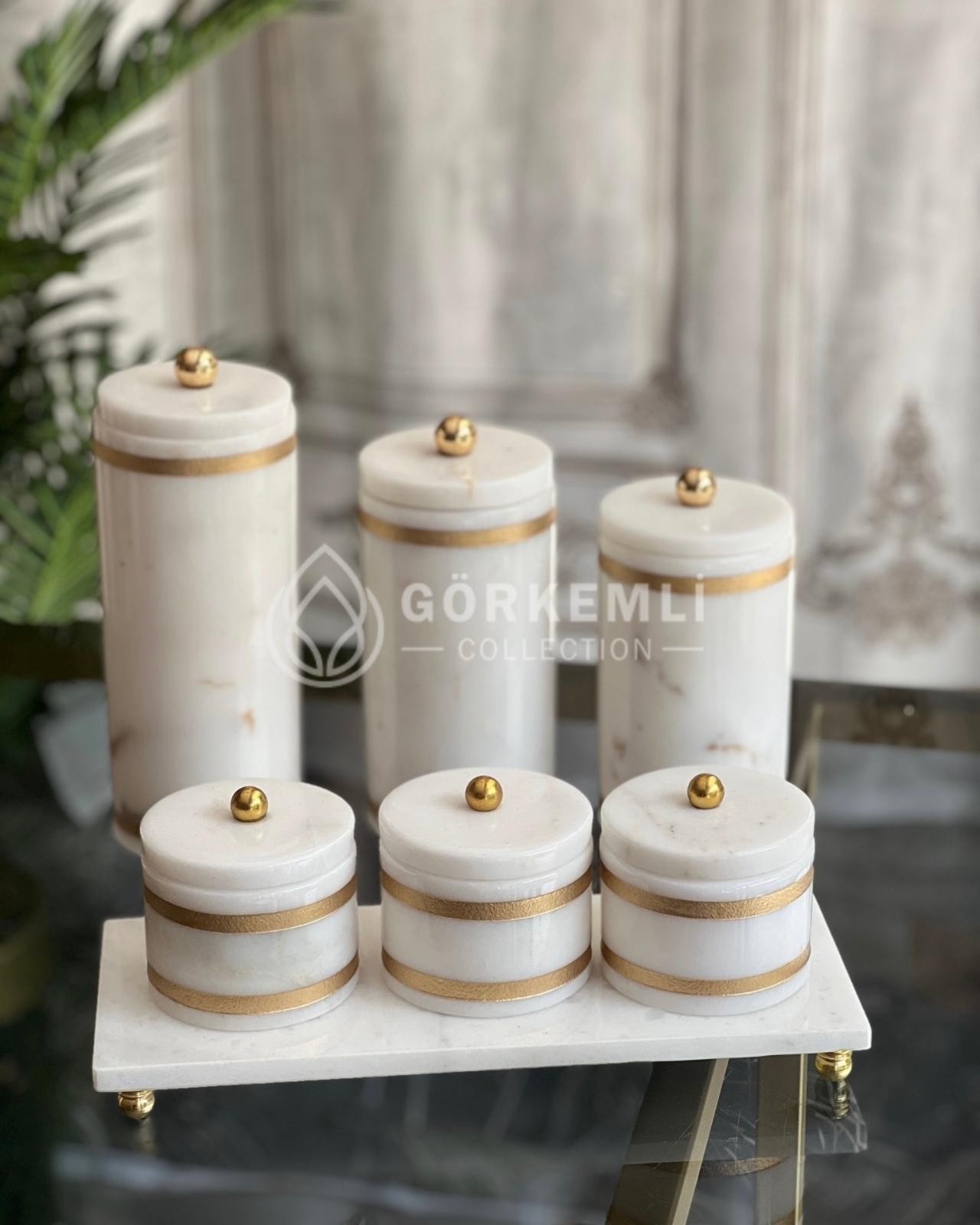 3lü Kavanoz set +3lü Baharat set + Tepsi Beyaz Gold Kumlama 