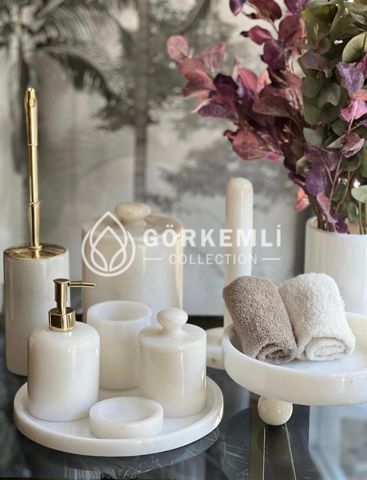 7li Banyo Seti Beyaz Gold Mermer Aparat