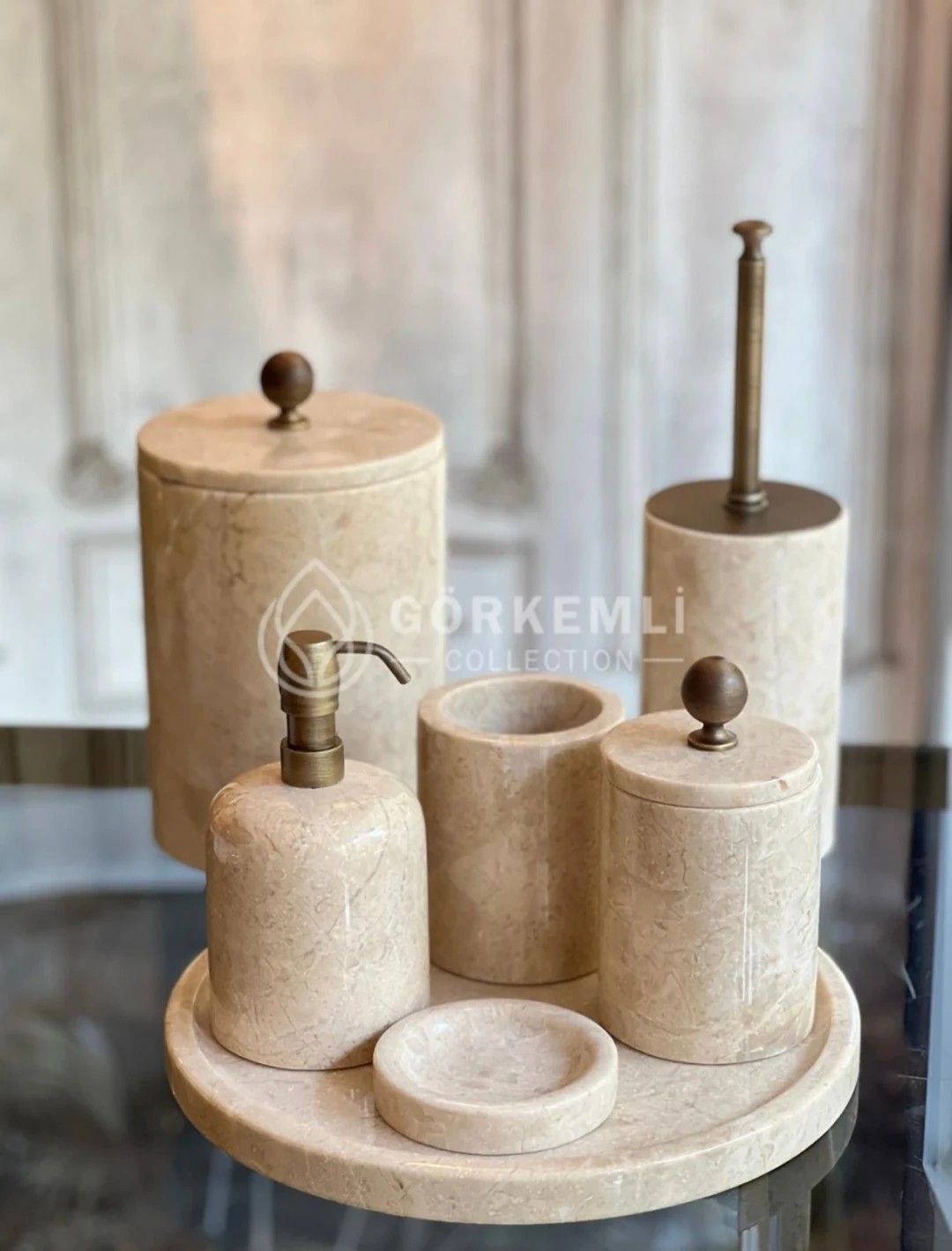 7li Banyo Set Bej  Eskitme Pirinç