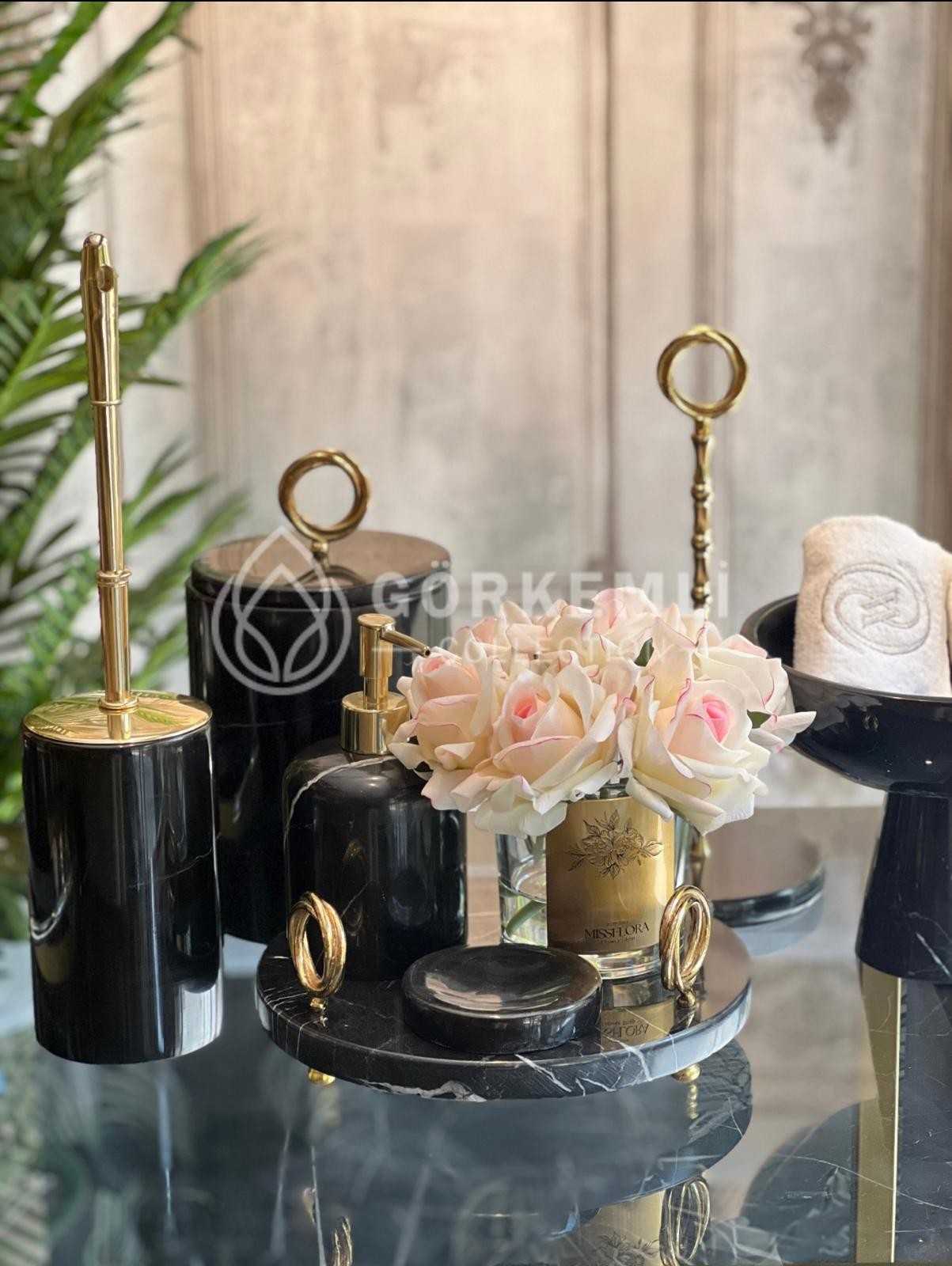 5li Banyo Seti Toros Siyah Gold Halka
