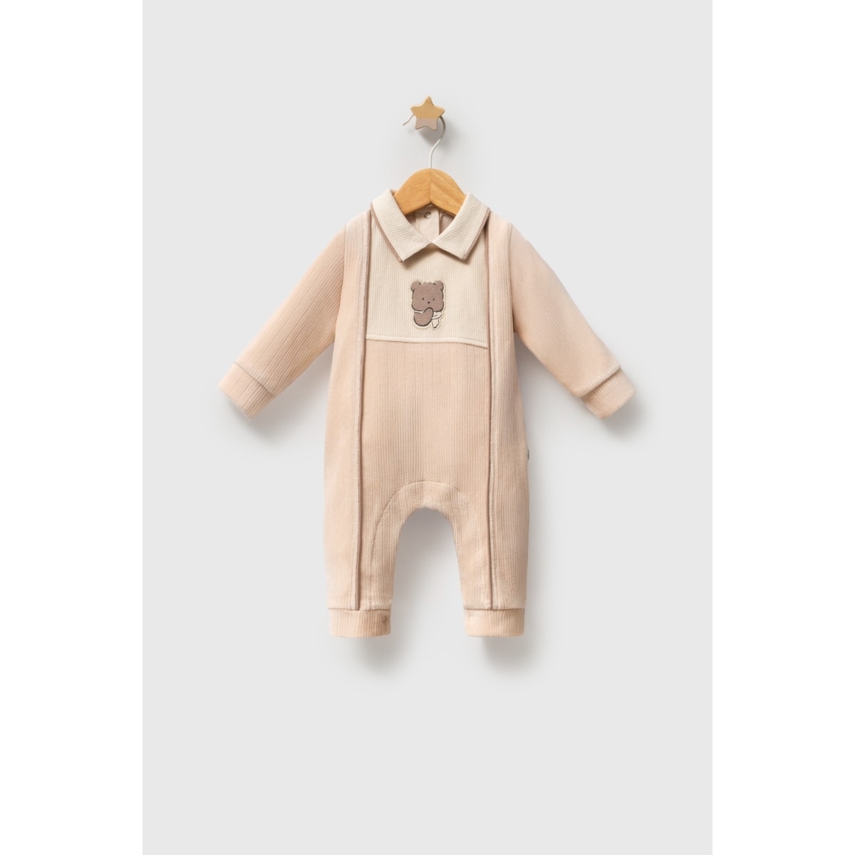 Petit Nounours Erkek Bebek Kadife Tulum - Bej