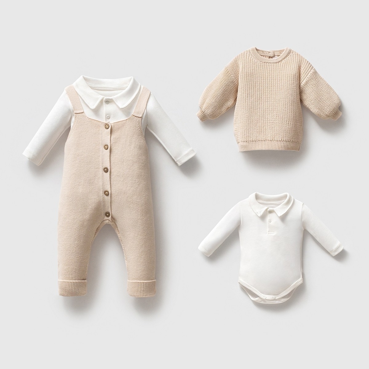 Piccolo Tricot 3’lü Erkek Bebek Triko Salopetli Takım  - Bej