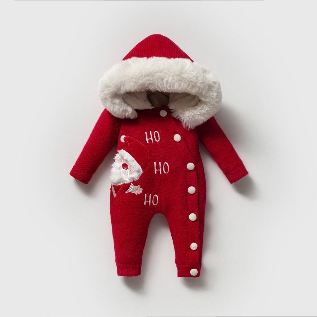 Ho Ho Ho Noel Kürklü Triko Bebek Tulum - Kırmızı