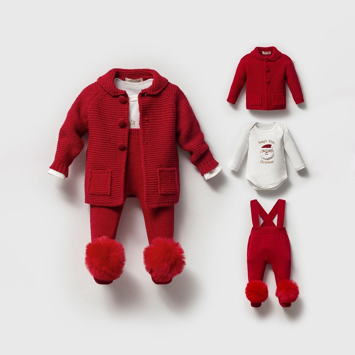 Petit Pompon Noël Bebek 3'lü Triko Salopet Takım  - Kırmızı