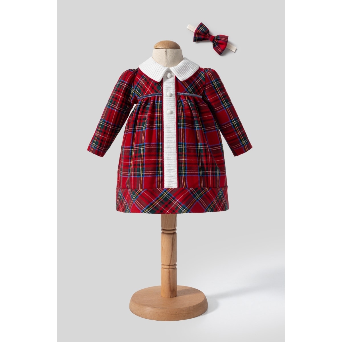 Petit Tartan Ekose Desenli Kız Bebek Elbisesi/ Saç Bantlı - Kırmızı