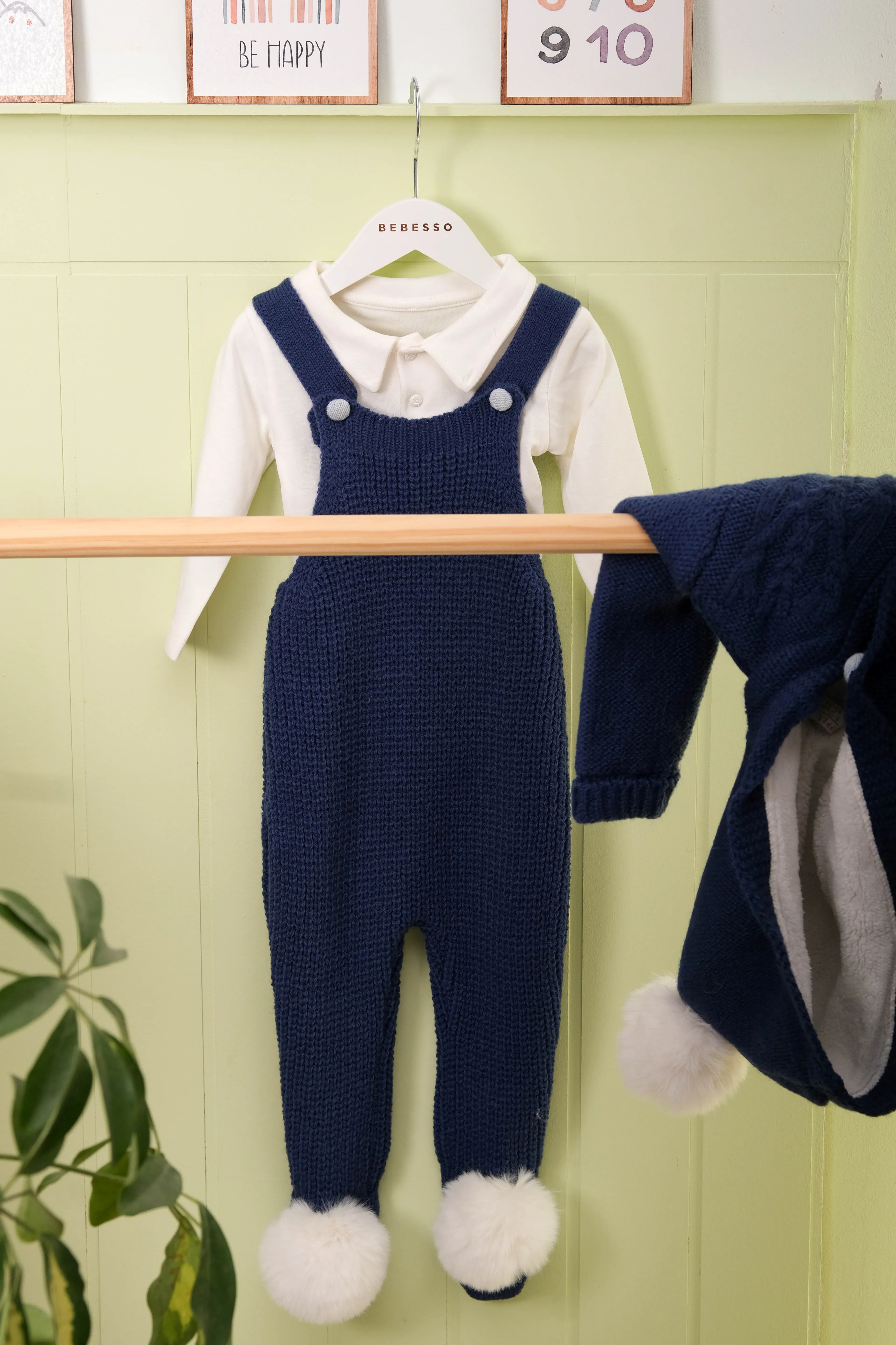 Tricot Pompon d’Hiver Erkek Bebek 3'lü Salopetli Takım