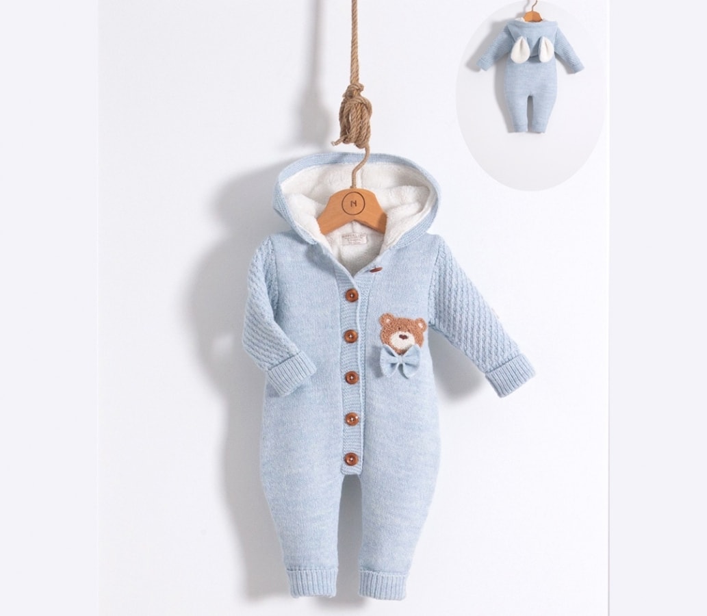 Petit Teddy Erkek Bebek Şapkalı Triko Tulum - Mavi