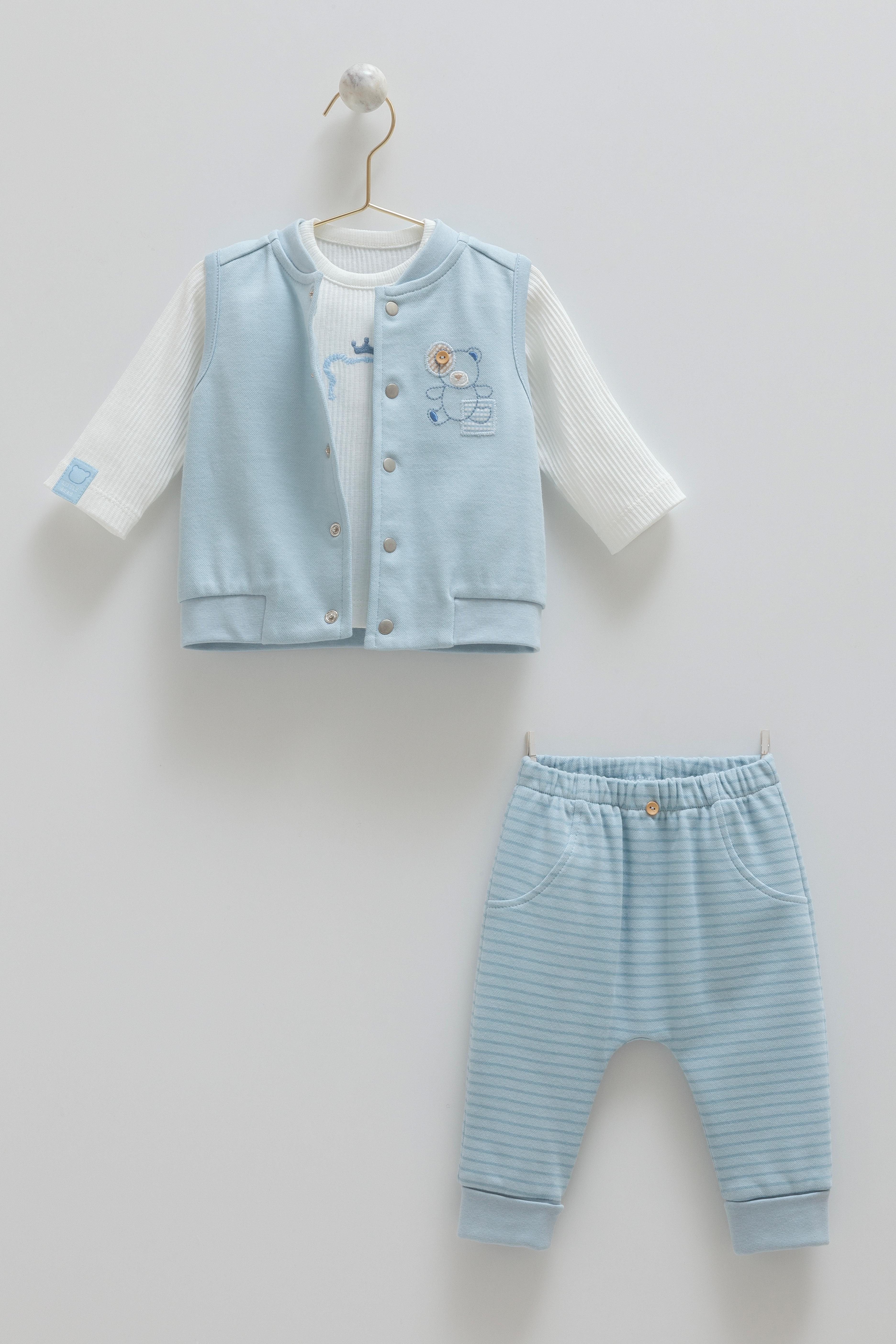 Petit Ourson Yelekli 3’lü Erkek Bebek Takımı - Mavi