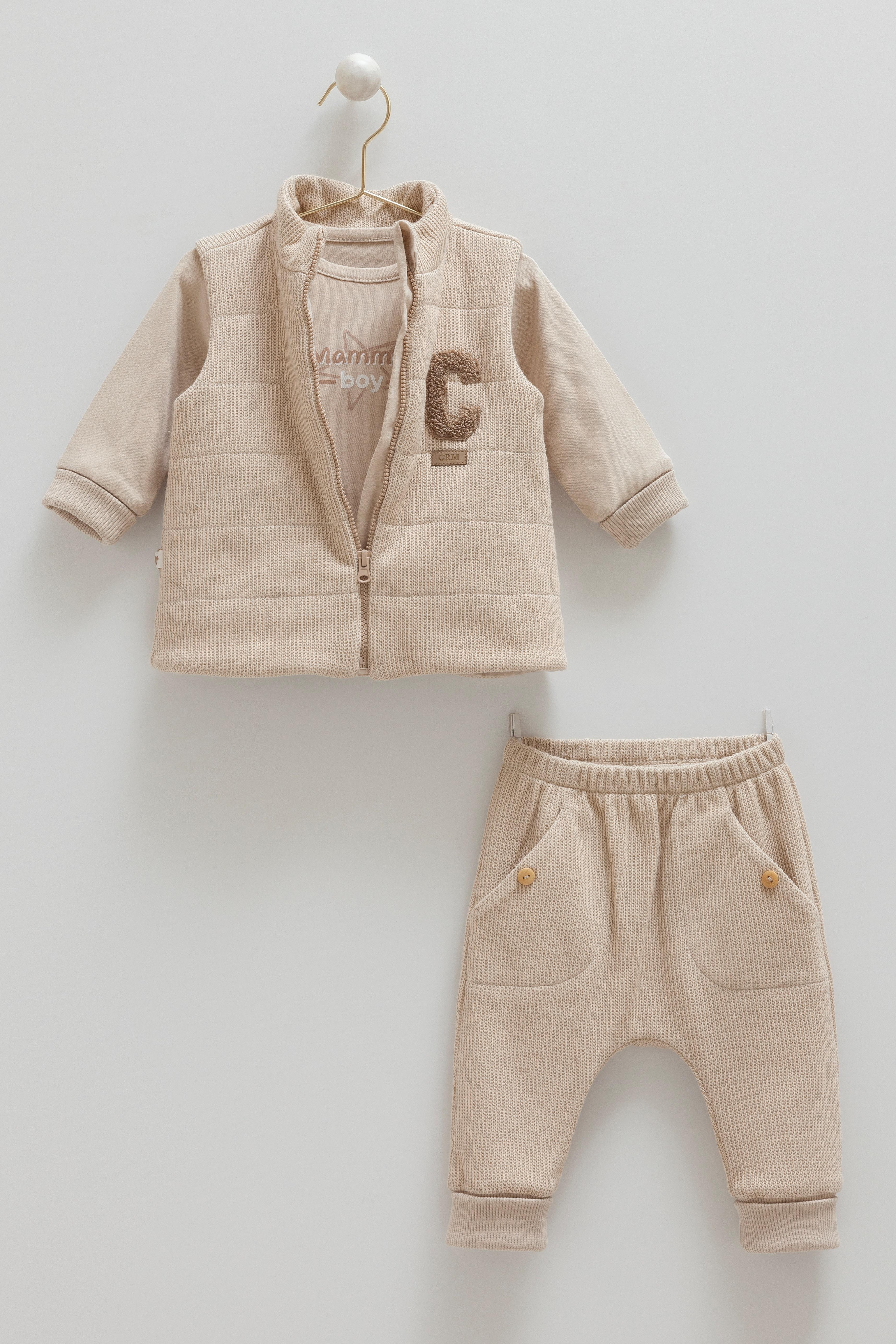 Soft Style Boy  Cozy Charm Yelekli 3’lü Erkek Bebek Triko Takım - Taş