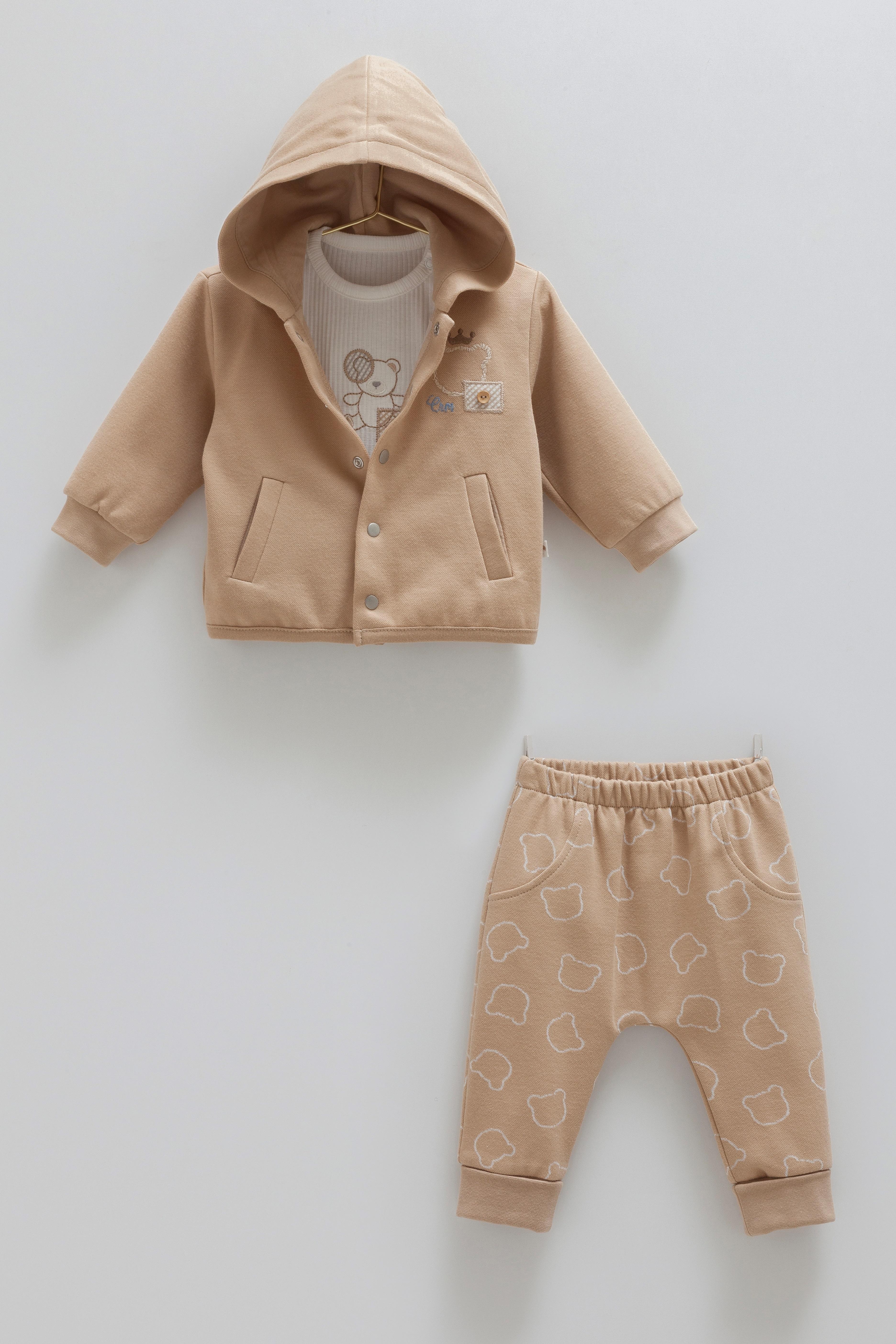 Petit Ourson Kapüşonlu 3’lü Erkek Bebek Takım  - Kahve