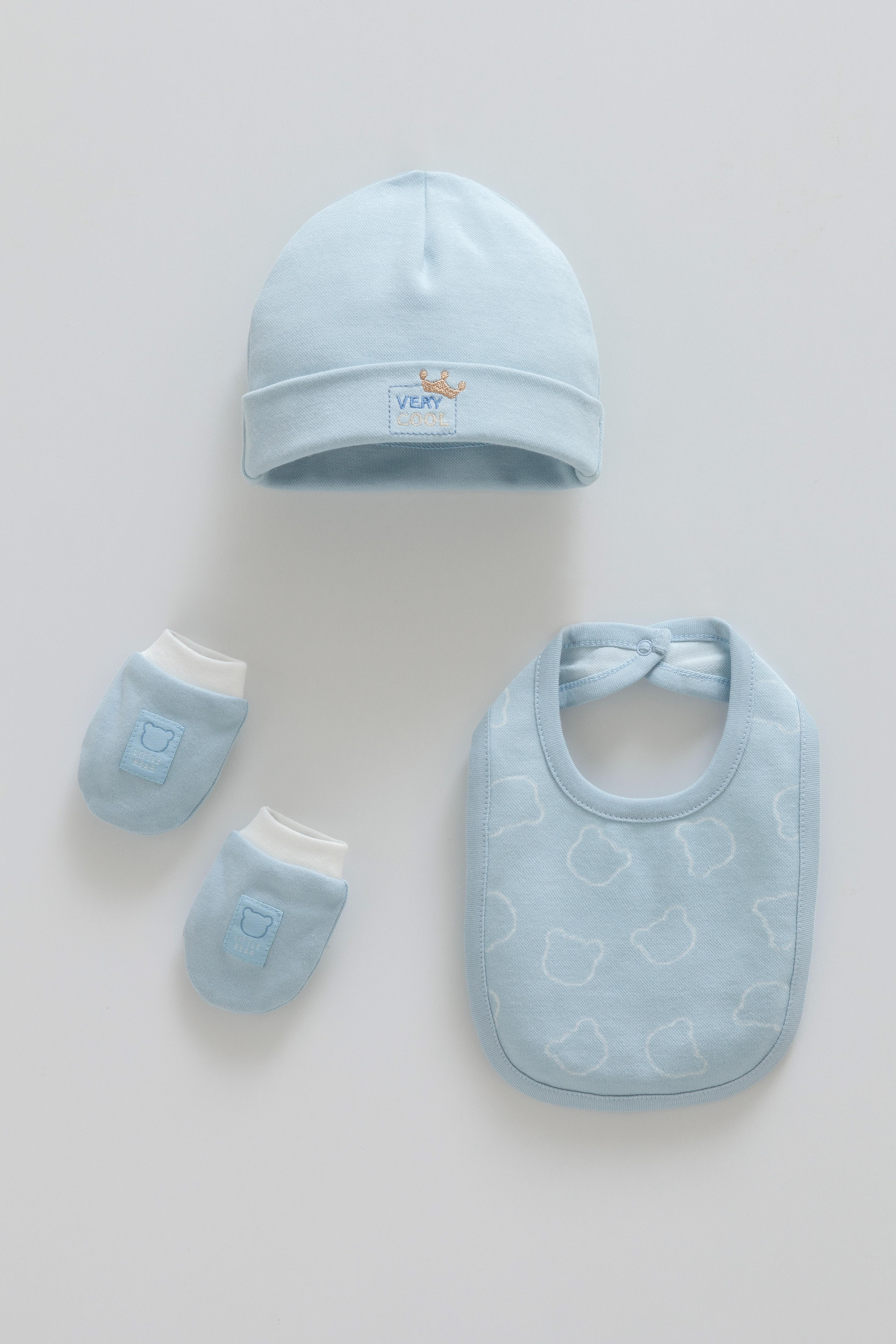 Petit Ourson 4’lü Şapka/Önlük Erkek Bebek Yenidoğan Seti - Mavi