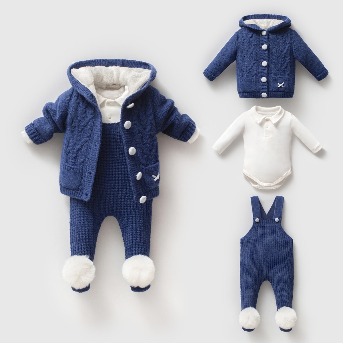 Tricot Pompon d’Hiver Erkek Bebek 3'lü Salopetli Takım - İndigo