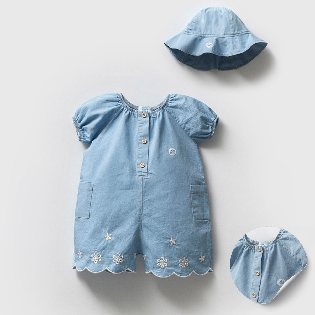 Freja Bloom Kız Bebek Denim Tulum Seti - Şapkalı - Mavi