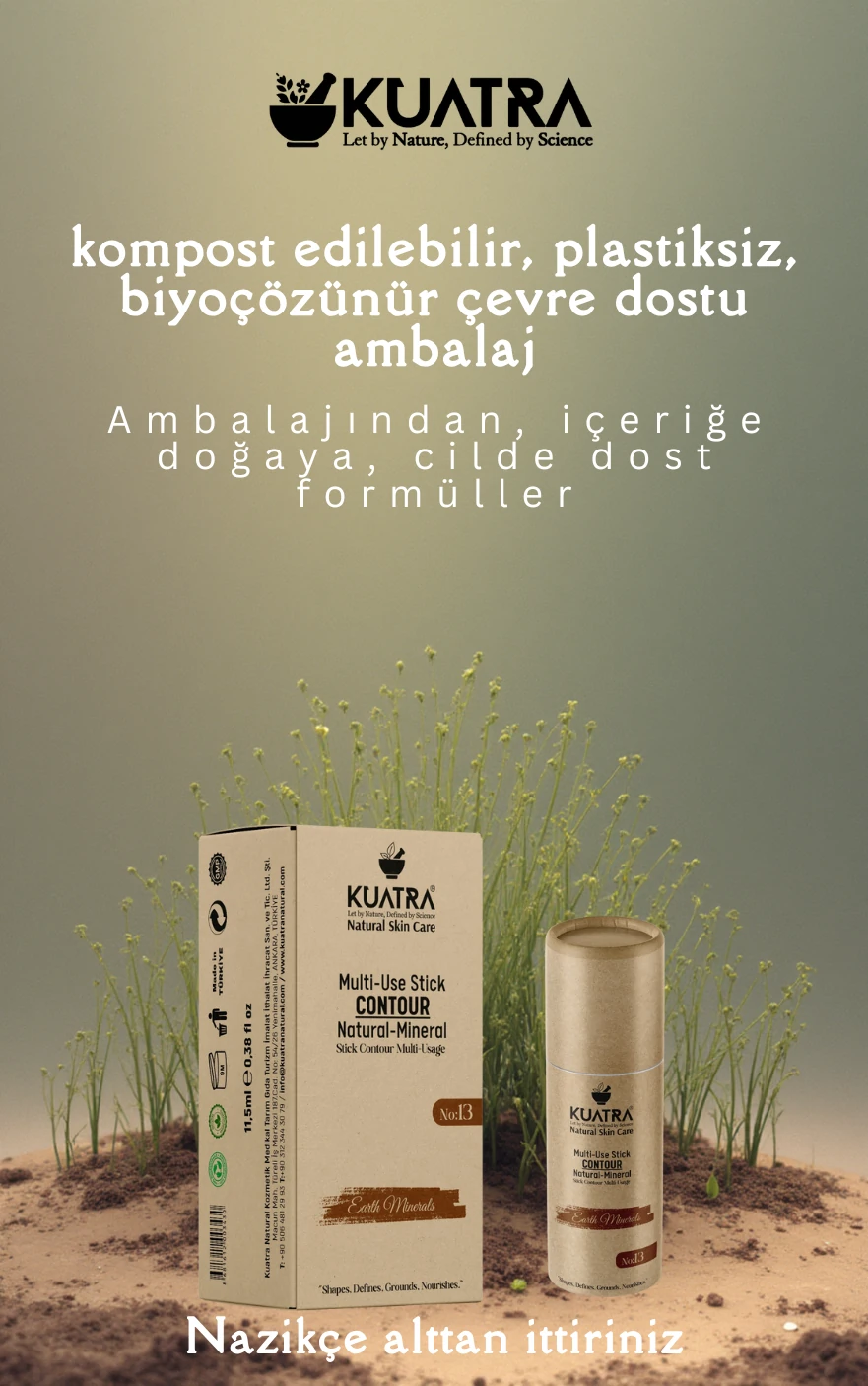 Kuatra Stick Kontür, Earth Minerals doğal, mineral, antioksidan, nemlendirici formül, plastiksiz ambalaj
