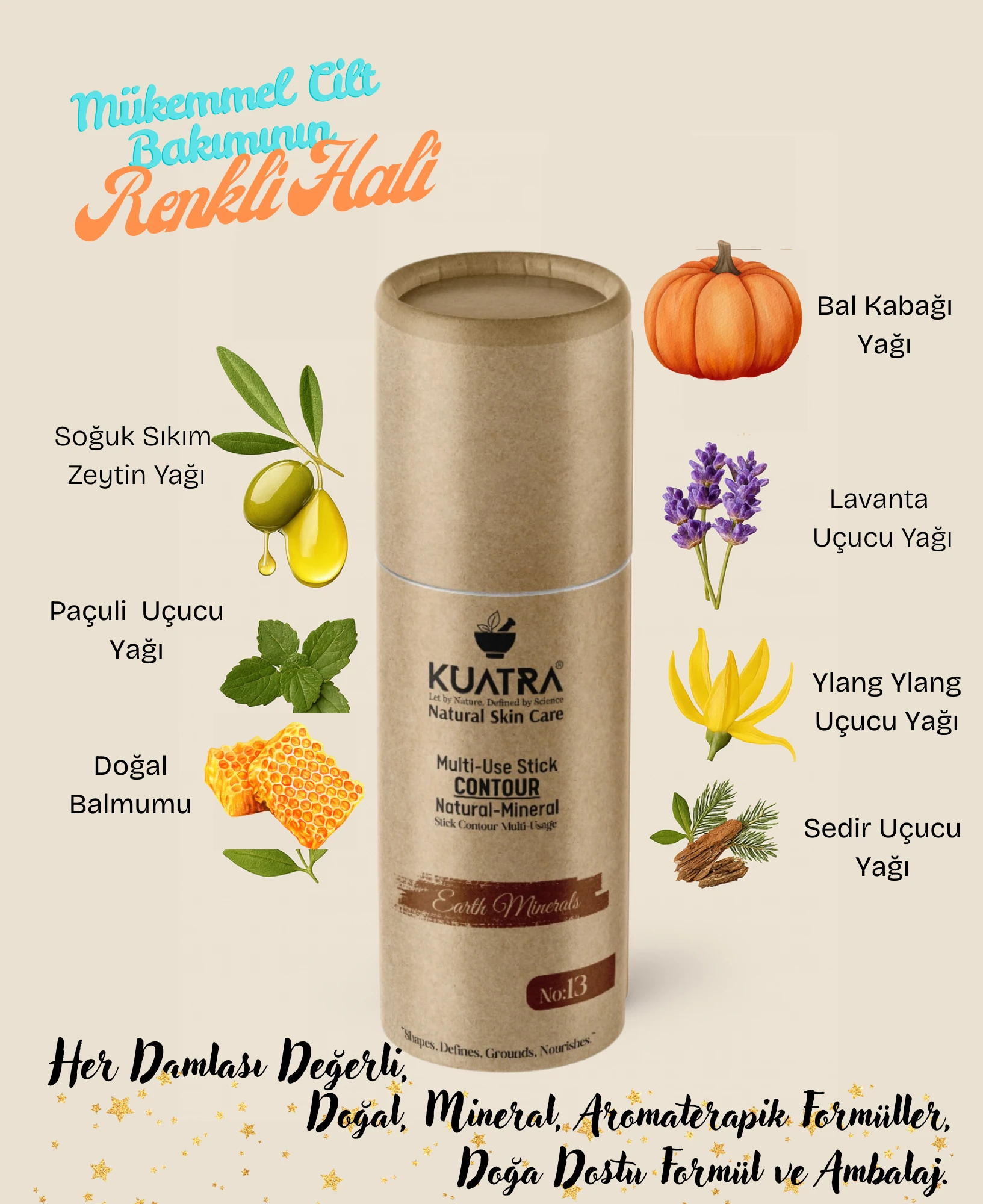 Kuatra Stick Kontür, Earth Minerals doğal, mineral, antioksidan, nemlendirici formül, plastiksiz ambalaj