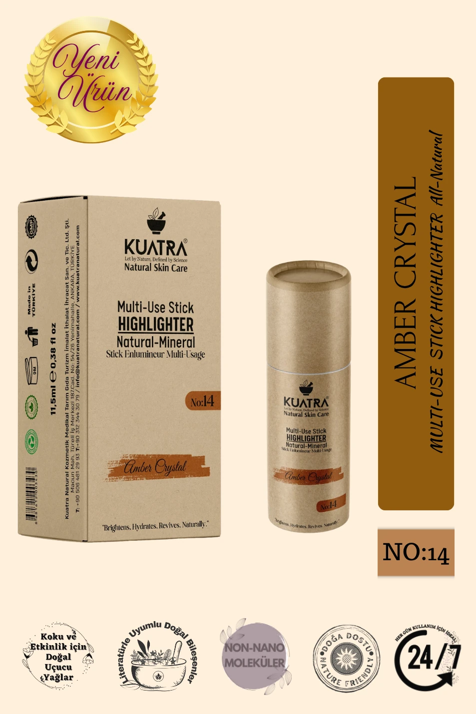 Kuatra Amber Crystal – Doğal Bakır Işıltı Highlighter Stick | Nemlendirici & Antioksidan | Plastiksiz Ambalaj