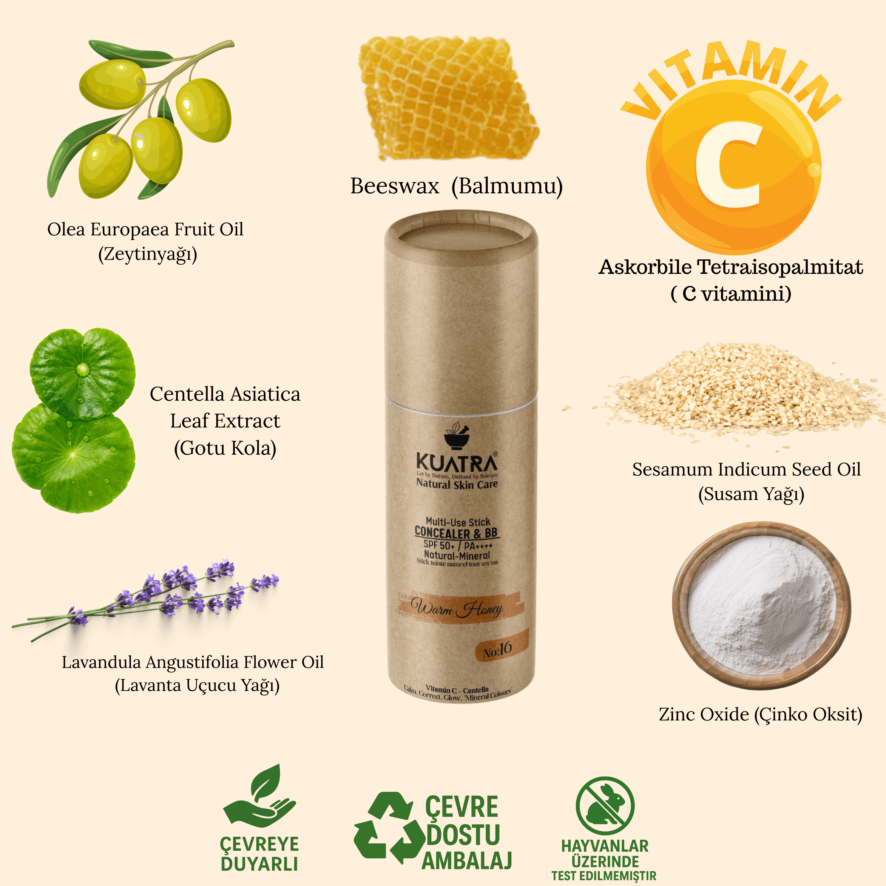 Kuatra Warm Honey Natural-Mineral Stick Concealer & BB | SPF 50+ PA++++ | Çok Amaçlı Nemlendirici, Leke Karşıtı, Vitamin C, Renkli Bakım