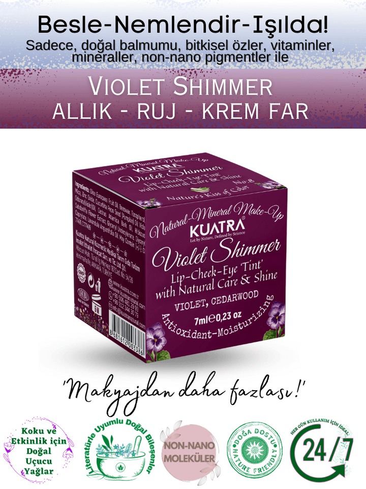 Violet Shimmer Lip-Cheek-Eye ‘Tint’ Doğal İçerikli Allık, Ruj, Göz Farı (Makyaj ve Cilt Bakımı)