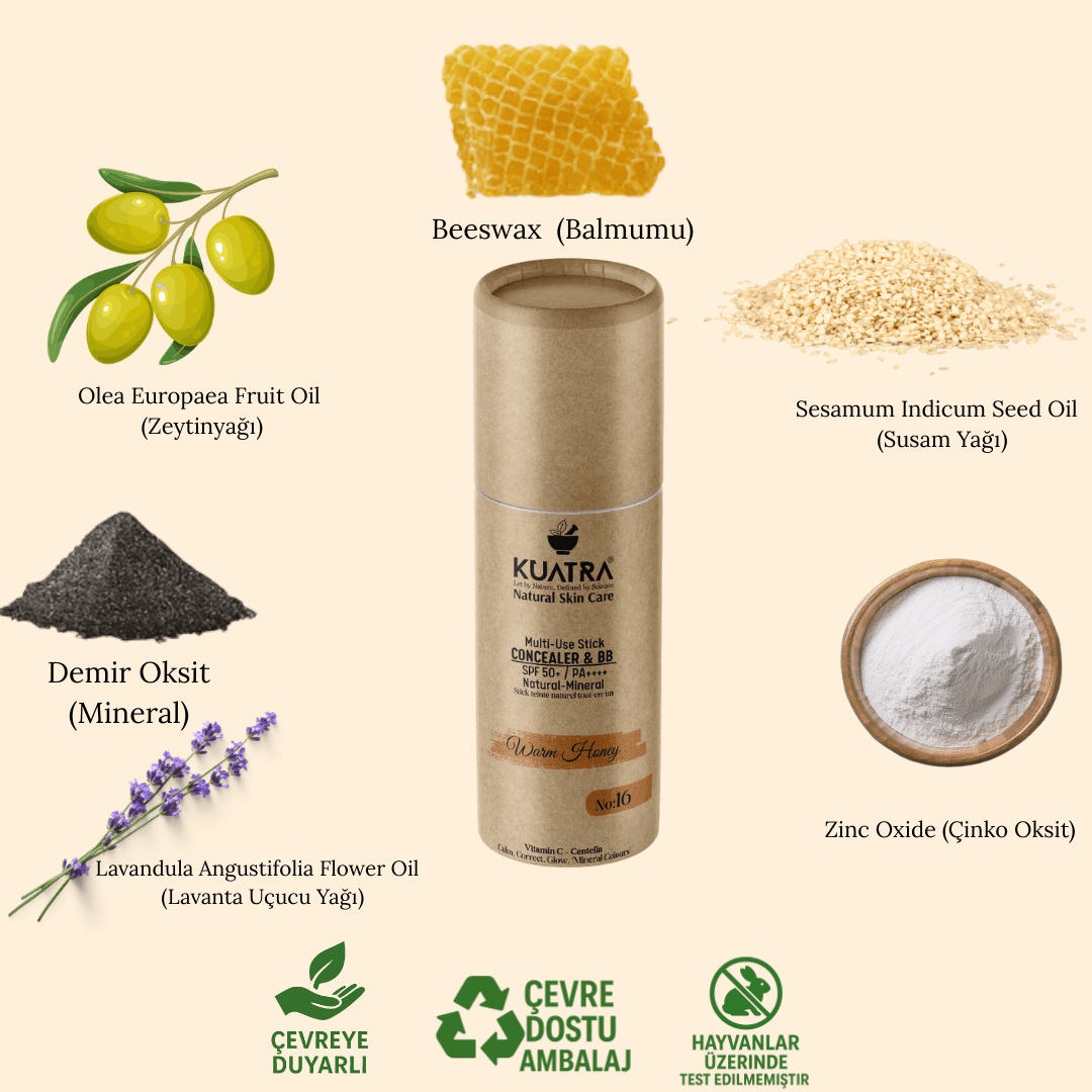 Kuatra Warm Honey Natural-Mineral Stick Concealer & BB | SPF 50+ PA++++ | Çok Amaçlı Nemlendirici, Leke Karşıtı, Vitamin C, Renkli Bakım