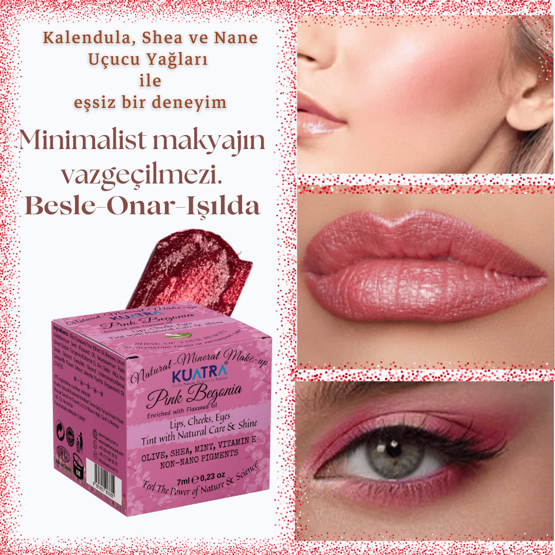 Kuatra Pink Begonia Doğal İçerikli Nemlendirici - Antioksidan Işıltı Veren Balm (Ruj - Allık - Göz Farı) 7ml