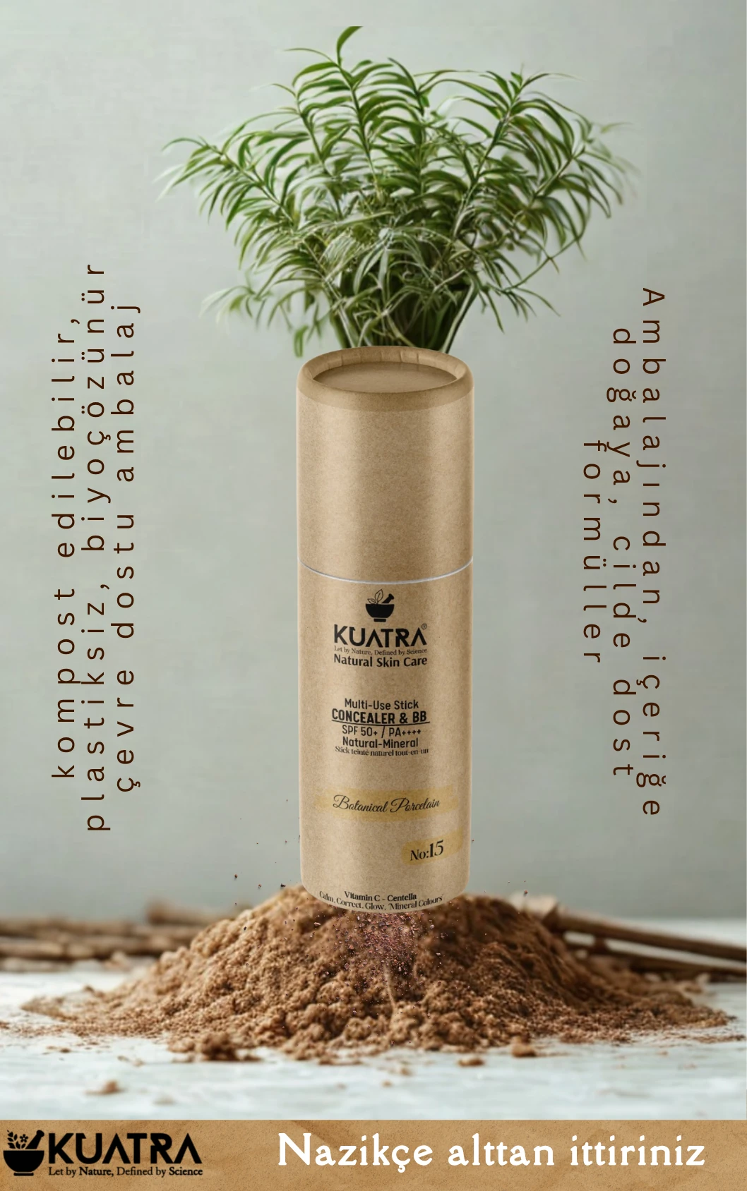 Kuatra Botanical Porcelain Natural-Mineral Stick Concealer & BB | SPF 50+ PA++++ | Çok Amaçlı Nemlendirici, Leke Karşıtı, Vitamin C, Renkli Bakım