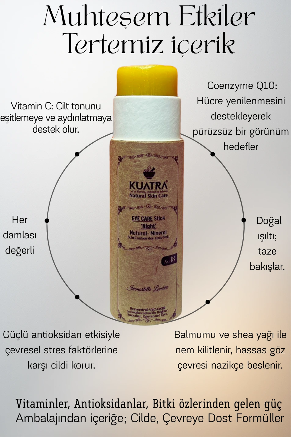 KUATRA Immortelle Lumière Göz Çevresi Stick – Gece Bakımı | Canlanmış Göz Çevresi Antioksidan Etki (Resveratrol + VitC + CoQ10)