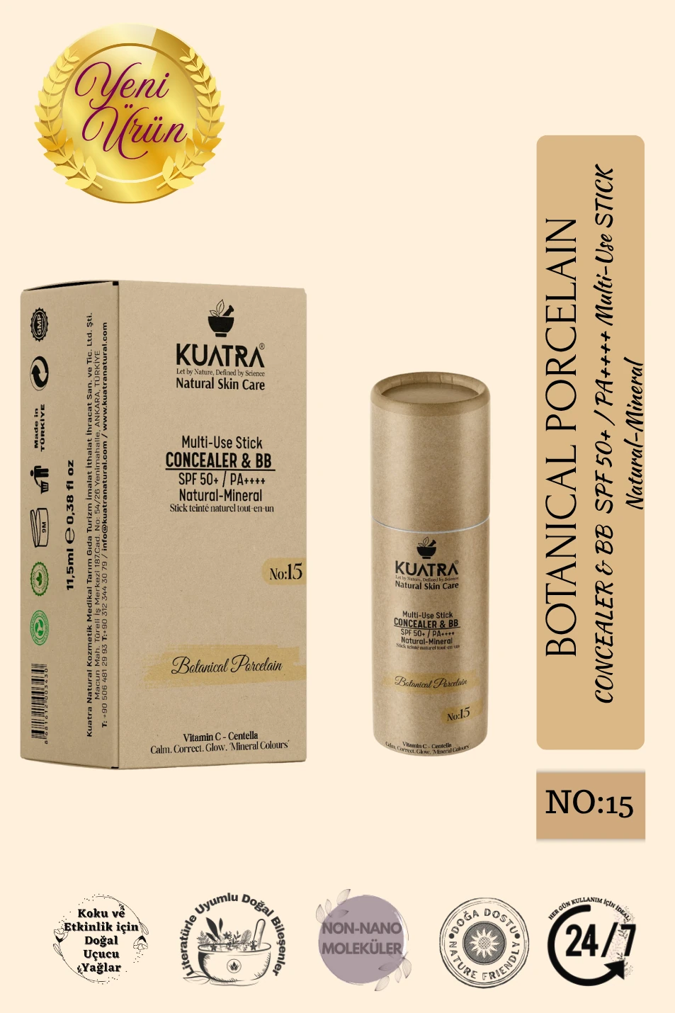 Kuatra Botanical Porcelain Natural-Mineral Stick Concealer & BB | SPF 50+ PA++++ | Çok Amaçlı Nemlendirici, Leke Karşıtı, Vitamin C, Renkli Bakım