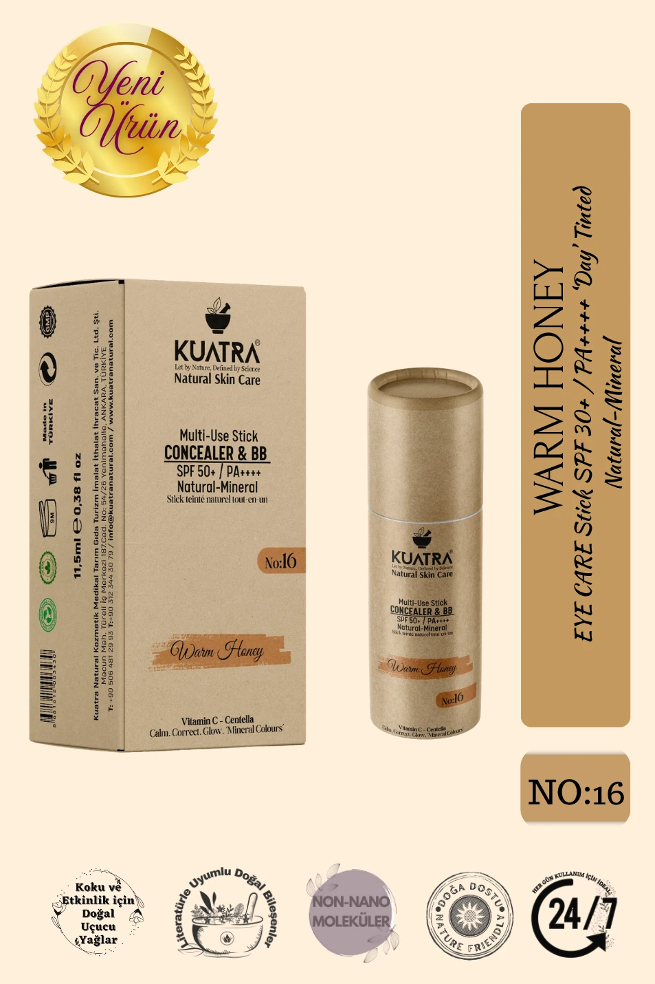 Kuatra Warm Honey Natural-Mineral Stick Concealer & BB | SPF 50+ PA++++ | Çok Amaçlı Nemlendirici, Leke Karşıtı, Vitamin C, Renkli Bakım