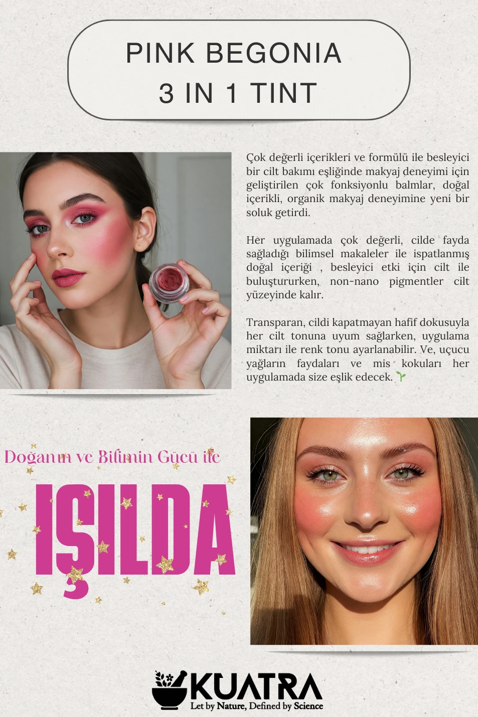 Kuatra Pink Begonia Natural Ingredient Moisturizer - Antioxidant Shine Balm (Lipstick - Blush - Eye Shadow) 7ml